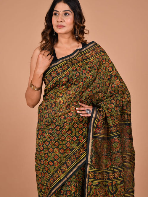 Hand Block Printed Black & Olive Chanderi Silk Cotton Saree with Motifs