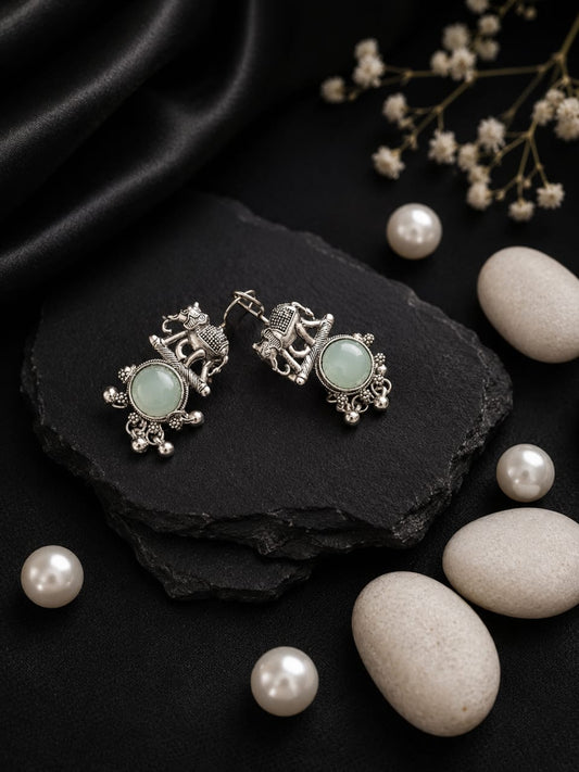 Handcrafted Black Oxidised Silver Elephant Drop Earrings with Sea Green Stone 