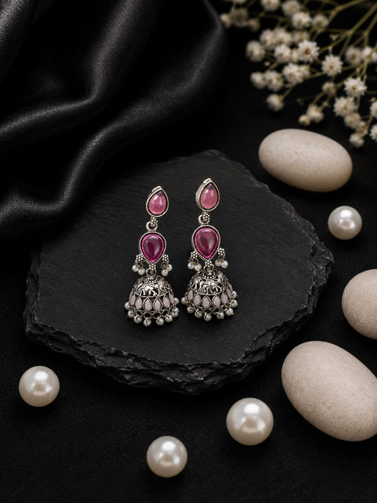 Handcrafted Black Oxidised Silver Tiered Jhumka Earrings with Pink & Purple Stones and Pearl Drops
