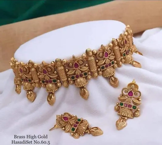 Royal Temple Hasli Choker Necklace Set in Antique Matte Gold Finish with Ruby Green Stones & Matching Earrings