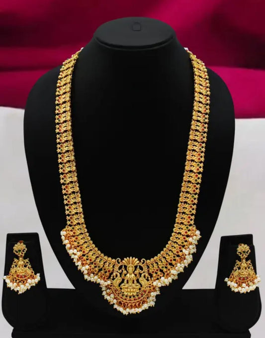 Antique Gold Lakshmi Temple Necklace Set with Intricate Filigree & Pearl Droplets with Matching Earrings