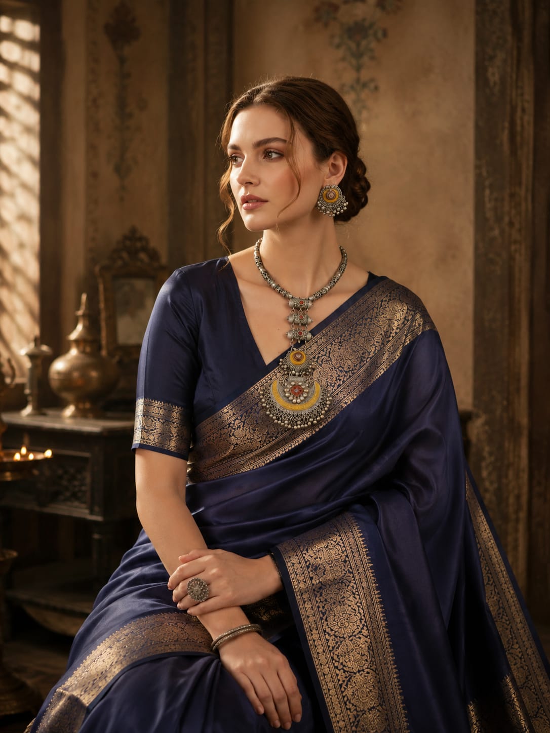 Vintage Dual Tone Oxidised Long Necklace Set with Matching Chandbali Earrings