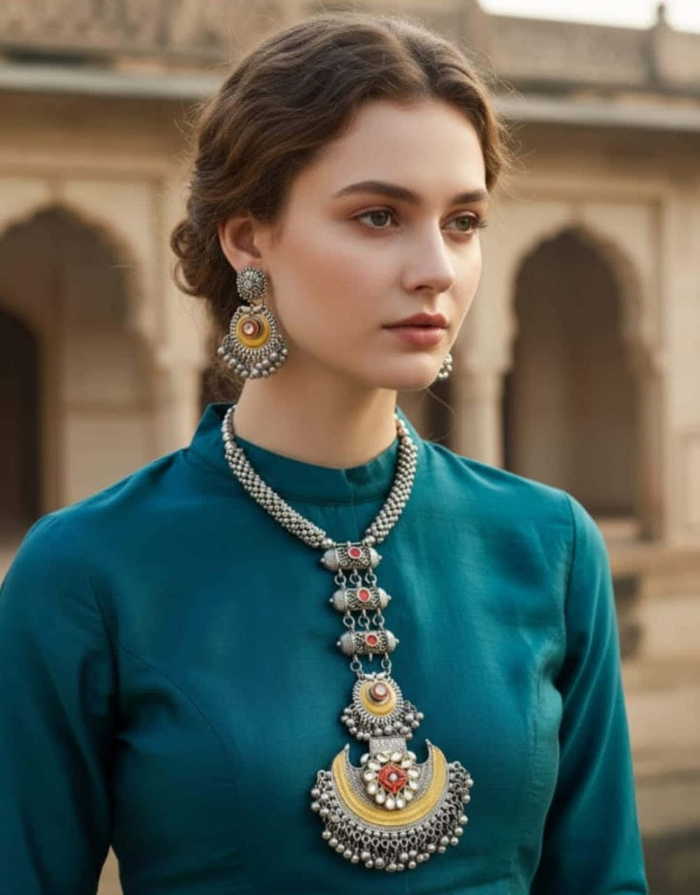 Vintage Dual Tone Oxidised Long Necklace Set with Matching Chandbali Earrings