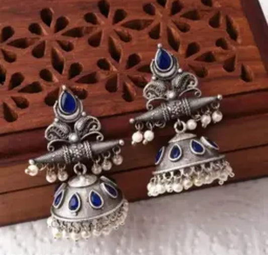 Handcrafted German Silver Oxidised Jhumka Earrings with Royal Sapphire Blue Stones & Pearl Clusters
