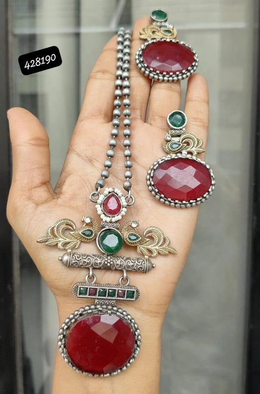 High Quality Silver Look-Alike Red & Green Monalisa Stone Peacock Necklace Set with Matching Studs