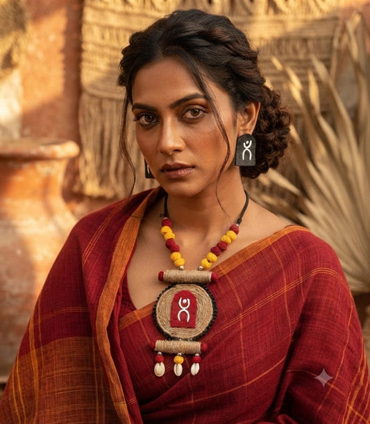 beautiful handmade boho style long necklace set with matching earrings and cowrie shells 