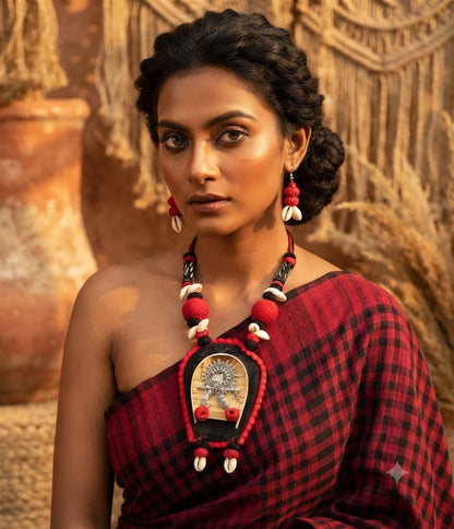 Krishna Theme Boho style Necklace with matching earrings and cowrie shells 