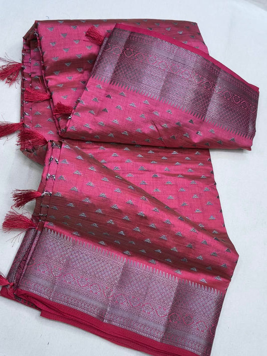 Semi Tussar Silk Saree with Magenta Pink & Silver Zari Border