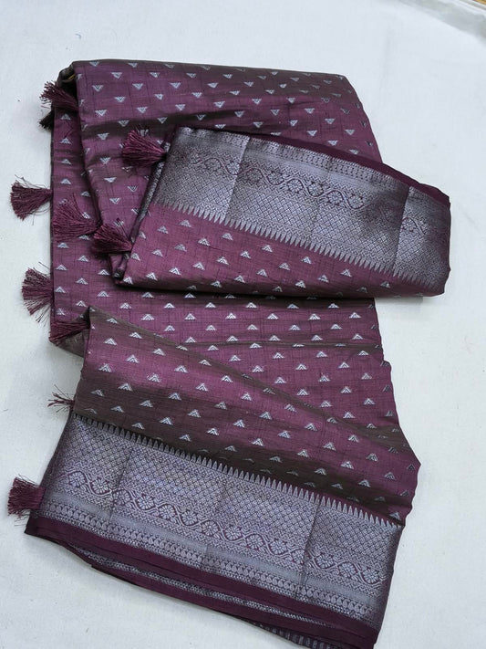 Semi Tussar Silk Saree with Deep Purple & Silver Zari Border