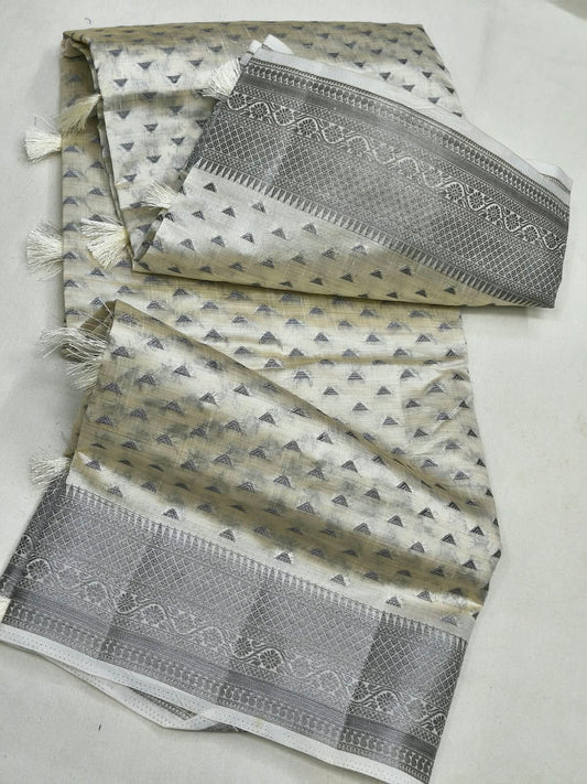 Semi Tussar Silk Saree with Lovender Grey & Silver Zari Border