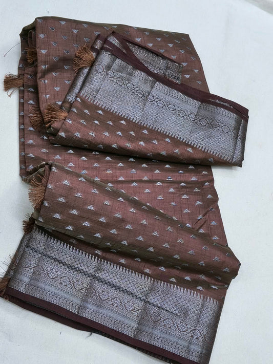 Semi Tussar Silk Saree with Chocolate Brown & Silver Zari Border