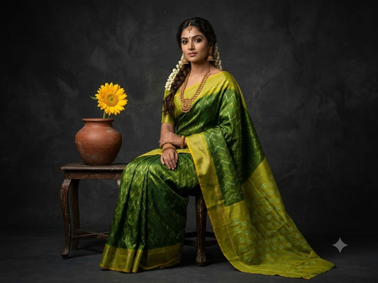 Handloom Ikkat Cotton Saree Forest Green & Mustard Yellow with Contrast Pallu