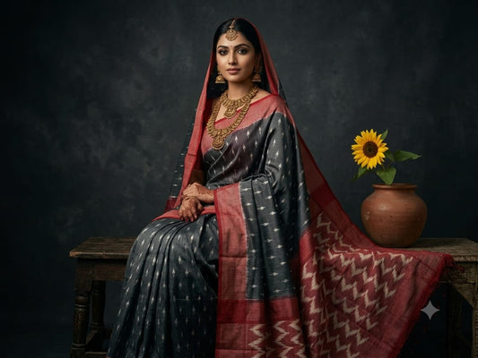 Handloom Ikkat Cotton Saree with & Charcoal Grey & Brick Red - Contrast Pallu