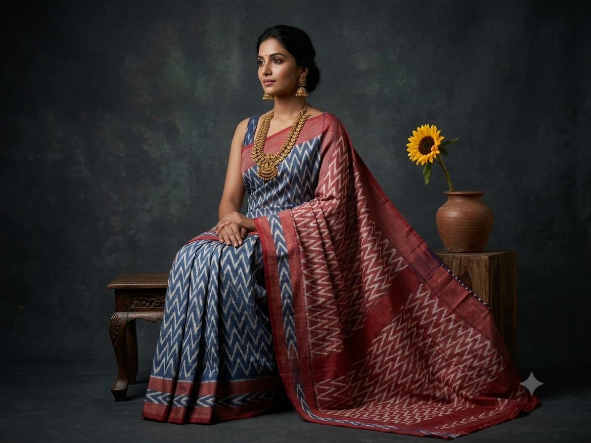 Handloom Ikkat Cotton Saree Steel Blue & Brick Red - Contrast Pallu