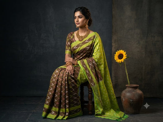 Handloom Ikkat Cotton Saree Coffee Brown & Parrot Green - Contrast Pallu