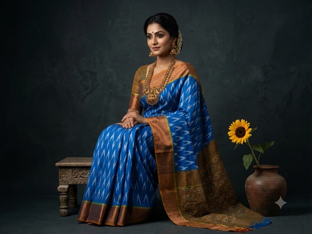 Handloom Ikkat Cotton Saree Royal Blue & Mustard Copper with Contrast Pallu