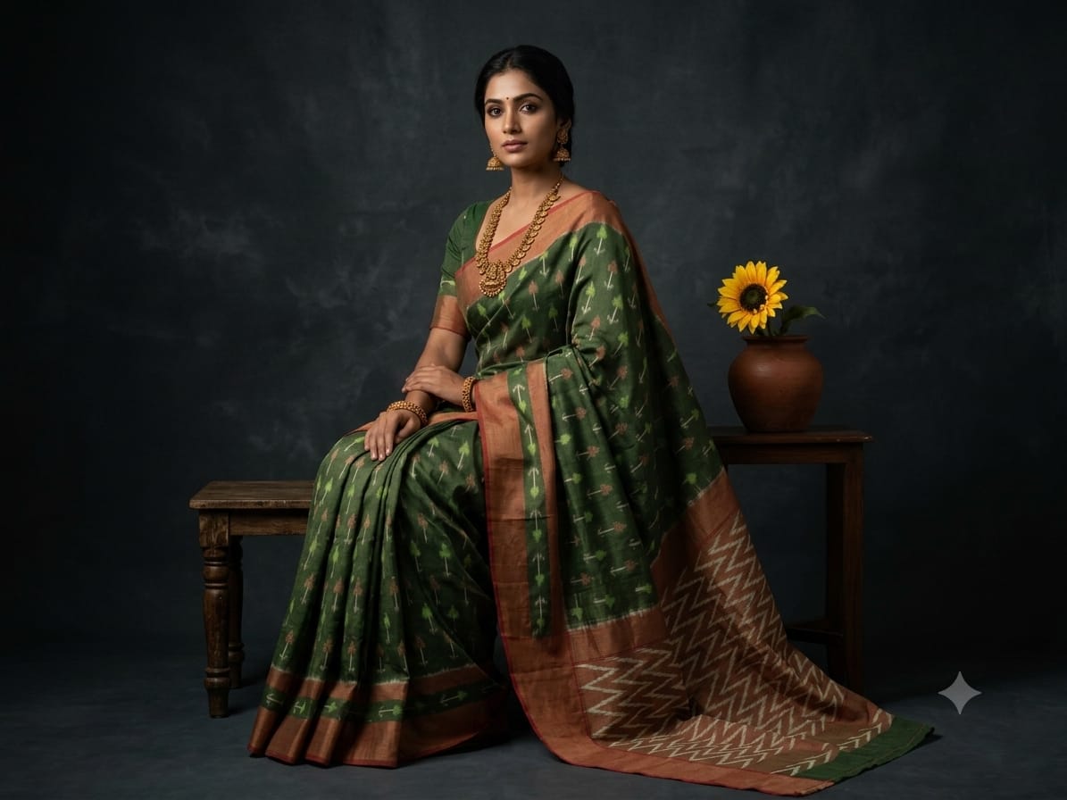Handloom Ikkat Cotton Saree Forest Green and Copper Brown with Contrast Pallu