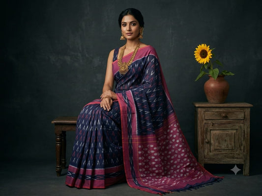 Handloom Ikkat Cotton Saree with Navy Blue & Lotus Pink with Special Martha Patterns and Contrast Pallu