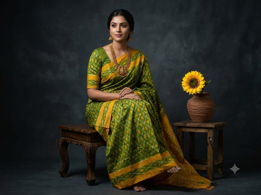 Handloom Ikkat Cotton Saree Mehendi Green & Mustard Yellow with Special Martha Patterns & Contrast Pallu
