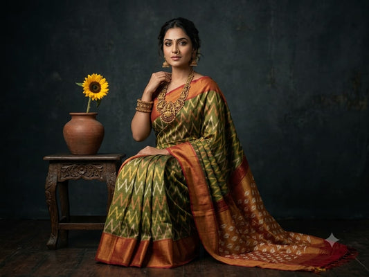 Handloom Ikkat Cotton Saree Olive Green & Orange  with Special Martha Patterns and Contrast Pallu