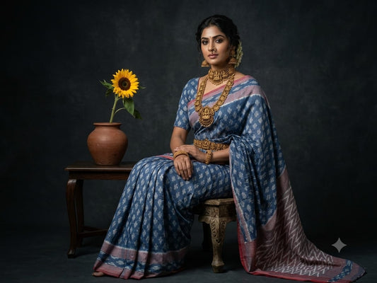 Handloom Ikkat Cotton Saree Steel Blue & Muted Pink with Special Martha Patterns & Contrast Pallu
