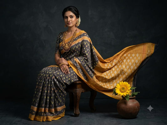 Handloom Ikkat Cotton Saree Dark Grey & Mustard Yellow with Special Martha Patterns & Contrast Pallu