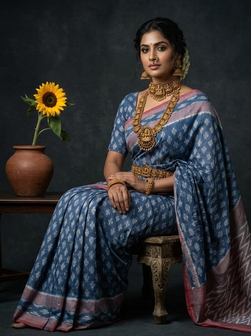 Handloom Ikkat Cotton Saree Steel Blue & Muted Pink with Special Martha Patterns & Contrast Pallu