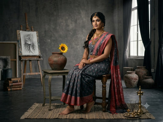 Handloom Ikkat Cotton Saree Charcoal Slate & Muted Crimson Red with Special Martha Patterns & Contrast Pallu