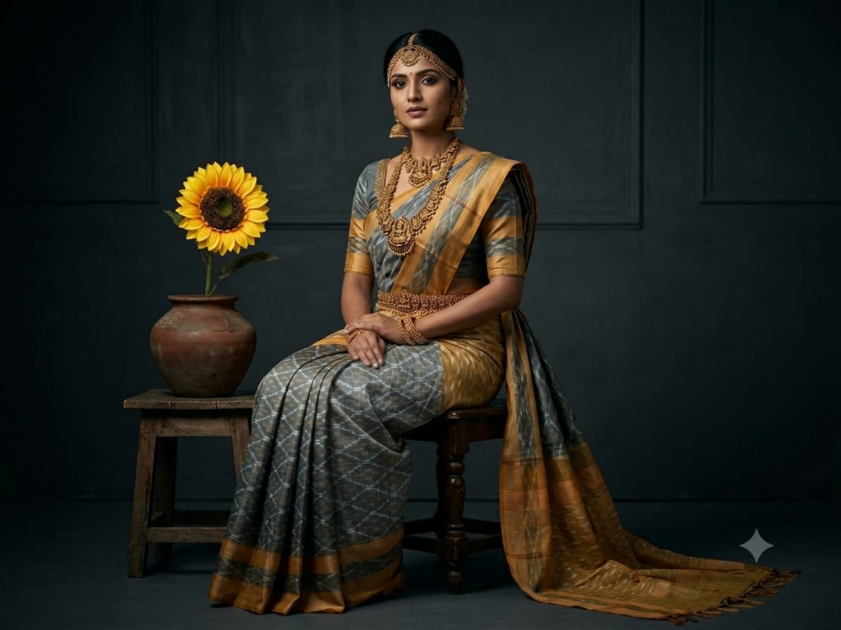 Handloom Ikkat Cotton Saree Grey & Mustard Gold with Special Martha Patterns & Contrast Pallu