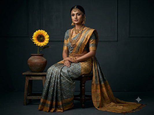 Handloom Ikkat Cotton Saree Grey & Mustard Gold with Special Martha Patterns & Contrast Pallu