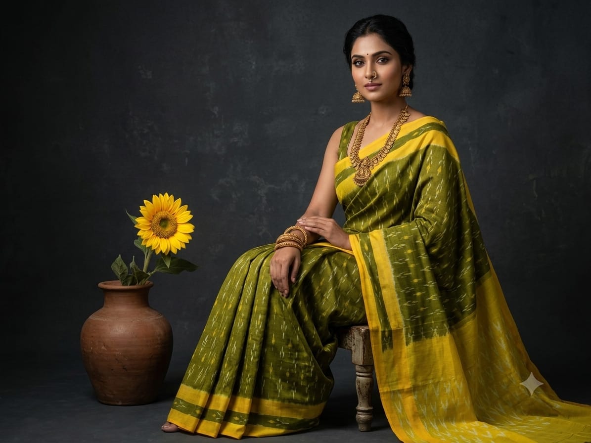 Handloom Ikkat Cotton Saree Green & Bright Yellow ith Special Martha Patterns & Contrast Pallu