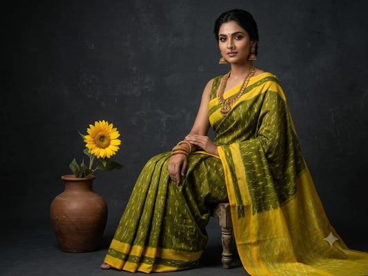 Handloom Ikkat Cotton Saree Green & Bright Yellow ith Special Martha Patterns & Contrast Pallu
