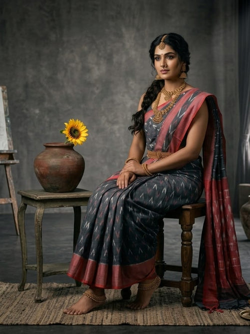 Handloom Ikkat Cotton Saree Charcoal Slate & Muted Crimson Red with Special Martha Patterns & Contrast Pallu
