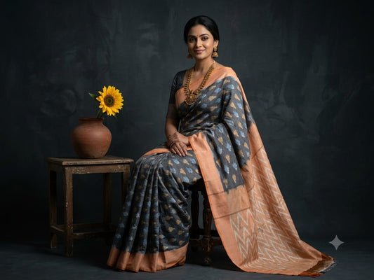Handloom Ikkat Cotton Saree Grey & Soft Peach with Special Martha Patterns & Conrtast Pallu