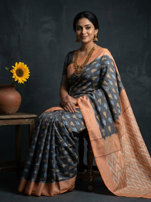 Handloom Ikkat Cotton Saree Grey & Soft Peach with Special Martha Patterns & Conrtast Pallu