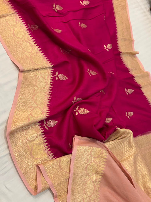 Bright Pink Banarasi Tussar Georgette Saree with Gold Zari Floral Butis & Contrast Peach Border