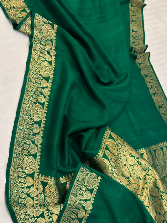 Forest Green Banarasi Tussar Georgette Saree with Antique Gold Zari Woven Border