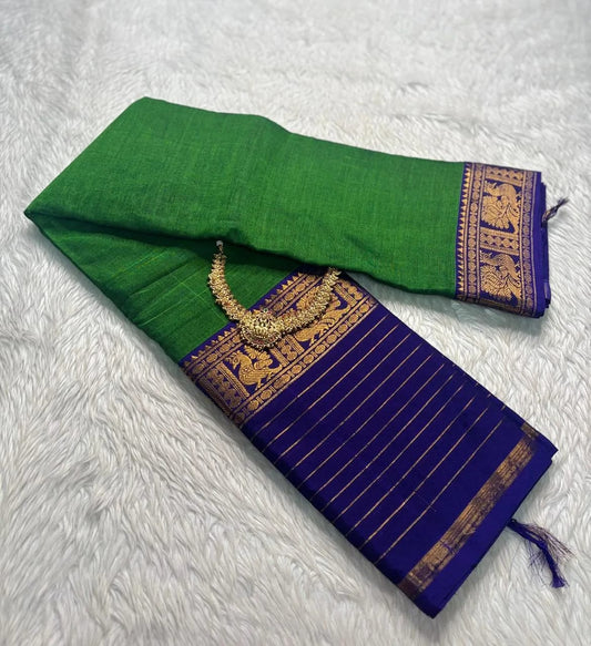 Trending narayanpet Green & Ink Blue merserised cotton saree with golden zari peacock motifs