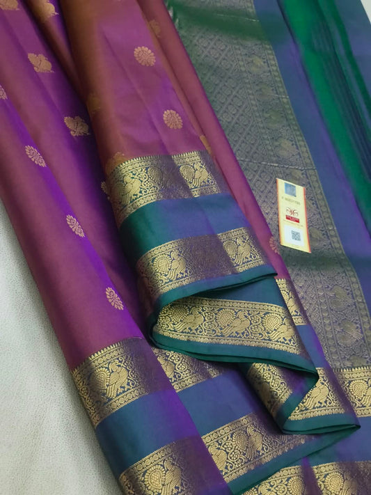 Kanchipuram Pure Silk Saree in Salad Purple Forest Green with Rich Zari Contrast Pallu