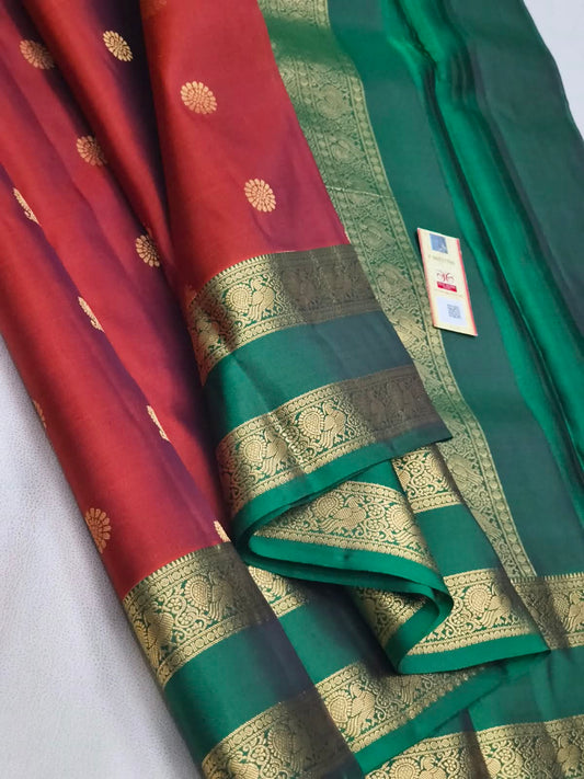 Kanchipuram Pure Silk Saree in Crimson Red & Forest Green with Rich Zari Contrast Pallu