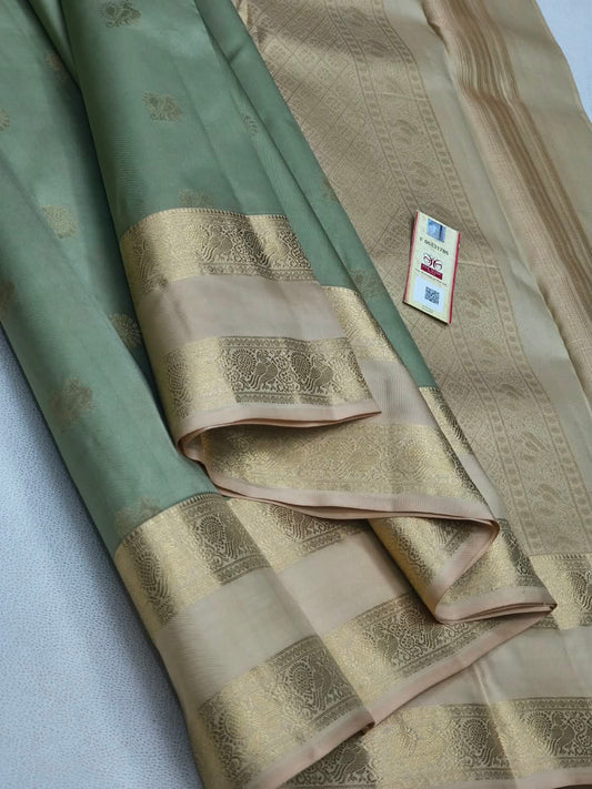 Kanchipuram Pure Silk Saree in Sea Green & Antique Gold with Rich Zari Border and Contrast Pallu