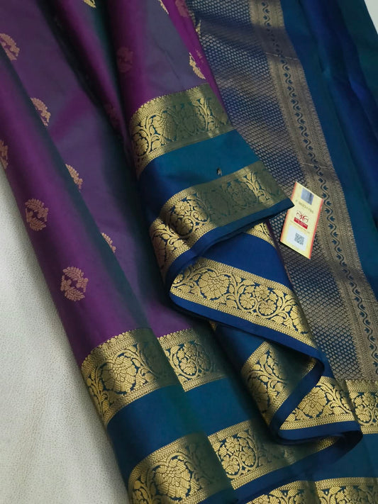 Kanchipuram Pure Silk Saree in Royal Purple & Peacock Blue with Rich Zari Border and Contrast Pallu