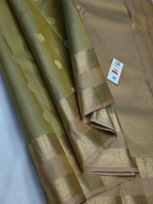 Kanchipuram Pure Silk Saree in Light Green & Antique Gold with Rich Zari Border and Contrast Pallu