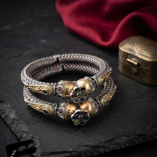Beautiful Pair of Premium Openable Kada Bracelets with Ruby & Green and Red Stones