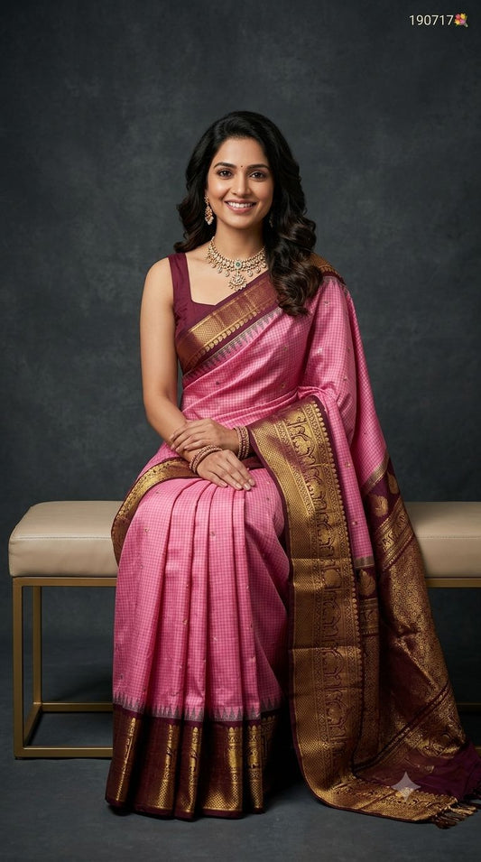 Premium Gadwal Semi Silk Saree in Lotus Pink with Checks Pattern, Gold Zari Buttas & Contrast Dark Maroon Border