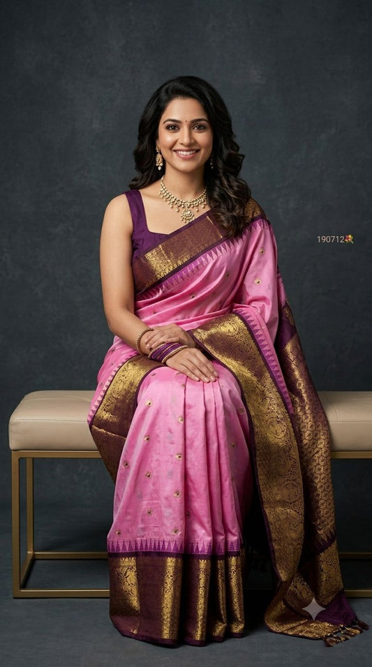 Premium Gadwal Semi Silk Saree in Baby Pink with Gold Zari Buttas & Contrast Dark Purple Border