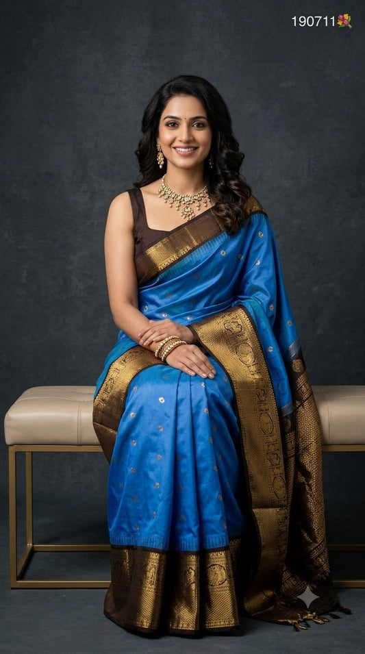 Premium Gadwal Semi Silk Saree in Peacock Blue with Gold Zari Buttas & Contrast Dark Brown Border