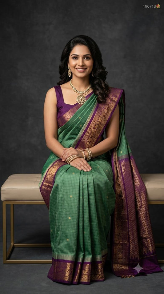 Premium Gadwal Semi Silk Saree in Forest Green with Checks Pattern, Gold Zari Buttas & Contrast Deep Purple Border