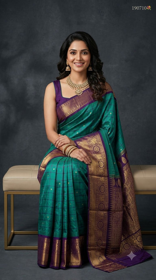 Premium Gadwal Semi Silk Saree in Teal Green with Checks Pattern, Gold Zari Buttas & Contrast Purple Border