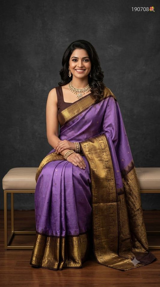 Premium Gadwal Semi Silk Saree in Lavender Violet with Micro-Checks, Gold Zari Buttas & Contrast Chocolate Brown Border